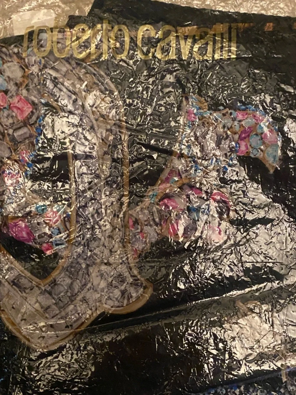 Roberto Cavalli Leopard & Chain Print Silk Scarf in Black and Brown